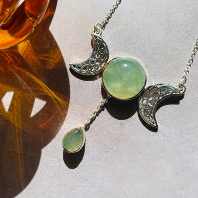 Prehnite Sterling Silver Triple Moon Necklace - #SSPR-NEC02