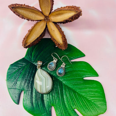 Green Opal Pendant and Labradorite Earring Set
